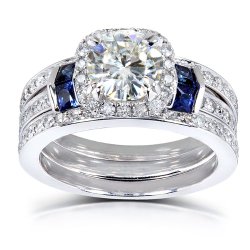 Round-cut Moissanite Diamond & Blue Sapphire Wedding Ring Set 2 Carat (ctw) in 14k White Gold (3 Piece Set)