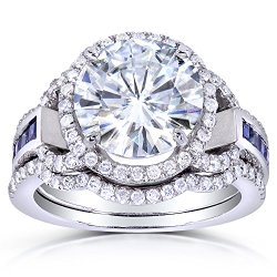 Round-cut Moissanite Sapphire & Diamond Bridal Set 4 1/10 Carat (ctw) in 14k White Gold (3 Piece Set)