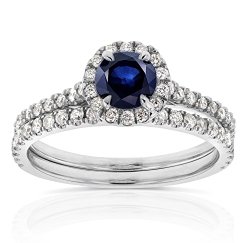Sapphire and Diamond Round Halo Style Engagement Wedding Set 1 CTW in 14k White Gold