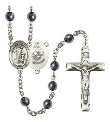 Silver Finish Guardian Angel-Marine Corp Rosary with 6mm Hematite Beads, Guardian Angel-Marine Corp Center, and 1 3/4 x 1 inch Crucifix, Gift Boxed