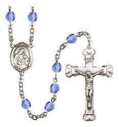 Silver Finish St. Ann Rosary with 6mm Saphire Color Fire Polished Beads, St. Ann Center, and 1 5/8 x 1 inch Crucifix, Gift Boxed