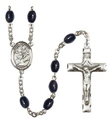 Silver Finish St. Anthony of Padua Rosary with 8x6mm Black Onyx Beads, St. Anthony of Padua Center, and 1 3/4 x 1 inch Crucifix, Gift Boxed