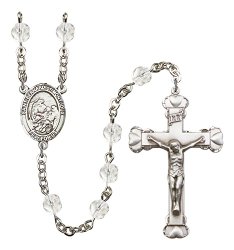 Silver Finish St. Bernard of Montjoux Rosary with 6mm Crystal Color Fire Polished Beads, St. Bernard of Montjoux Center, and 1 5/8 x 1 inch Crucifix, Gift Boxed