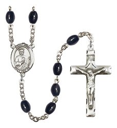 Silver Finish St. Jude Thaddeus Rosary with 8x6mm Black Onyx Beads, St. Jude Thaddeus Center, and 1 3/4 x 1 inch Crucifix, Gift Boxed