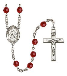 Silver Finish St. Maria Goretti Rosary with 6mm Ruby Color Fire Polished Beads, St. Maria Goretti Center, and 1 3/8 x 3/4 inch Crucifix, Gift Boxed