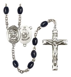 Silver Finish St. Michael-Marines Rosary with 8x6mm Black Onyx Beads, St. Michael-Marines Center, and 1 3/4 x 1 inch Crucifix, Gift Boxed