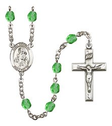 Silver Finish St. Nicholas Rosary with 6mm Peridot Color Fire Polished Beads, St. Nicholas Center, and 1 3/8 x 3/4 inch Crucifix, Gift Boxed