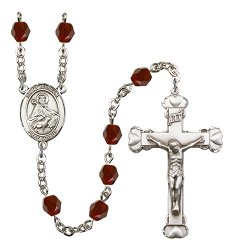 Silver Finish St. William of Rochester Rosary with 6mm Garnet Color Fire Polished Beads, St. William of Rochester Center, and 1 5/8 x 1 inch Crucifix, Gift Boxed
