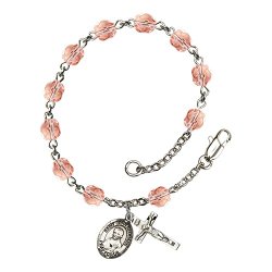 Silver Plate Rosary Bracelet 6mm October Pink Fire Polished Beads, Crucifix Size 5/8 x 1/4, St. John Neumann medal charm