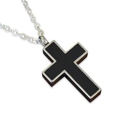Silver Stainless Steel Cross Capsule Cremation Urn Jewelry Vial Stash Necklace Black Inlay