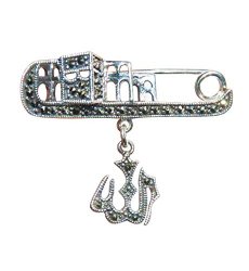 Small Sterling. Silver Islamic Scarf Pin or Brooch with Allah Pendant & Kabah Ka’ba with Marcasite Studs