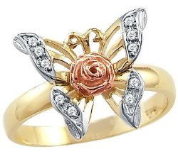 Solid 14k Yellow Rose Two Tone Gold Butterfly Flower CZ Cubic Zirconia Ring
