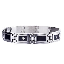 STEL Stainless Steel Black Enamel Inlay and .12ct tw Diamond Bracelet 8 1/2″
