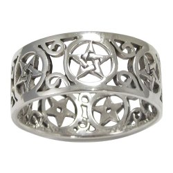 Sterling Silver Wide Filigree Pentacle Band Ring (sz 4-15)