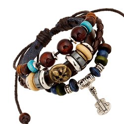 SumBonum Jewelry Womens Alloy Genuine Leather Braided Surfer Wrap Bangle Bracelet, Vintage Beads Violin Cuff Charm Bracelet, Adjustable Fits 7 Inch-12 Inch, Brown Golden Silver