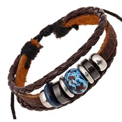 SumBonum Jewelry Womens Alloy Genuine Leather Braided Surfer Wrap Bracelet, Vintage Beads Cuff Charm Bracelet, Adjustable Fits 7 Inch-12 Inch, Brown Blue Silver