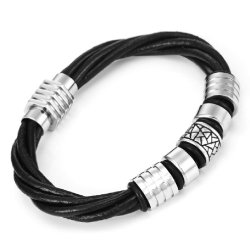 Trendy Black Genuine Leather Biker Mens Bracelet with Magnetic Stainless Steel Clasp, 8″