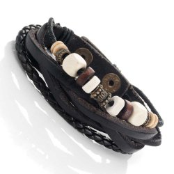 Vintage Earth Brown and Blond Beaded Bracelet – Genuine Leather Snap Resizable Cuff Bracelet (8.5″ New Size)