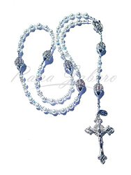 Wedding Bridal Pearl Rhinestone Catholic Rosary w/Swarovski Crystal elements