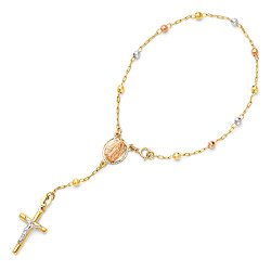 Wellingsale® 14k Tri 3 Color Gold Polished 3mm Beads Our Lady Guadalupe Rosary / Rosario Bracelet with Spring Ring Clasp – 7.25″