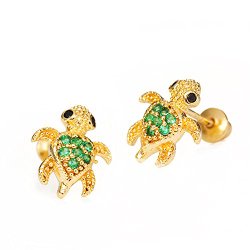 14k Gold Plated Brass Green Turtle Screwback Girls Earrings with Sterling Silver Post