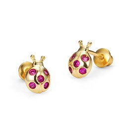 14k Gold Plated Brass Lady Bug Screwback Girls Earrings with Sterling Silver Post
