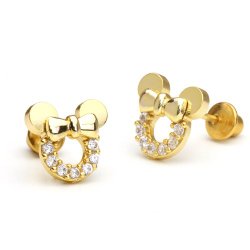 14k Gold Plated Brass Mouse Screwback Girls Earrings with Sterling Silver Post