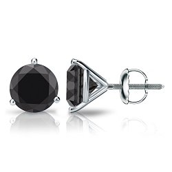 14k Gold Round Black Diamond Men’s Stud Earrings 3-Prong Martini (1/2 – 4 ct, Black) Screw-Back
