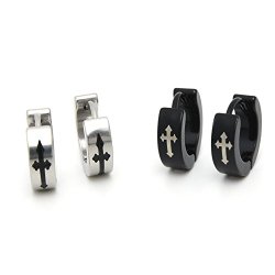 2 Pair Silver and Black of 316L Stainless Steel Cross Design Plain Huggie Hoop Earrings,4mm