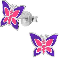 .925 Sterling Silver Hypoallergenic Pink & Purple Butterfly Stud Earrings for Girls (Nickel Free)