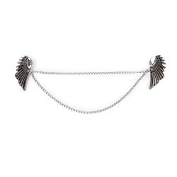 Angel Wings Dangle Chain Collar Tip Shirt Stud Brooch with Rhinestones Silver