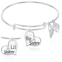 BIG SISTER LITTLE SISTER Expandable Wire Bangle Bracelet with Angel Wings Charm GIFT BOXED