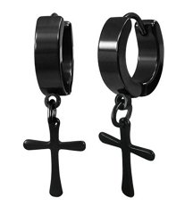 BSJ Black Stainless Steel Cross Dangle Hoop Small Huggie Pierced Earrings in Gift Box