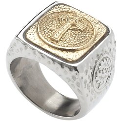 Celtic Cross Signet Ring. Platinum Style Surgical Stainless Steel with 18kt Gold Plating. Comfort Fit.