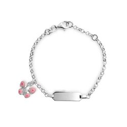 Christmas Gifts Pink Enamel Butterfly Charm Girls ID Tag Bracelet 5in Sterling Silver Free Engraving
