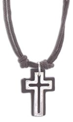 Cruz Accessories Open Cross with Leather Back on Double 16″ Cord Vintage Look Necklace