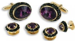 Dark Purple Stone Center Austrian Crystal Tuxedo Studs and Cufflinks Gold Trim