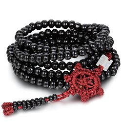 Flongo Black Wood Prayer Mala Tibetan Buddhist Beads Chinese Knot Elastic Bracelet Link Wrist Necklace Chain