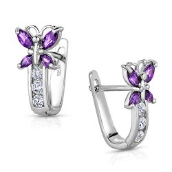 Girls 925 Sterling Silver Butterfly Huggie Earrings in CZ and Simulated Birthstones with Secure Backs