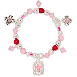 Girls Cross Pink Red Bead Silver Tone Filigree Stretch Charm Bracelet