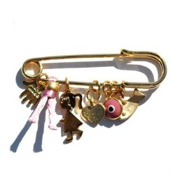Golden Baby Girl Pin with Multiple Protection Charms in Pink