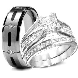 His & Hers 3 Pieces, 925 Sterling Silver & Titanium Engagement Wedding Rings Set