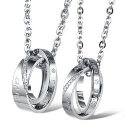 His & Hers Matching Set Titanium Stainless Steel Couple Pendant Necklace Korean Love Style in a Gift Box