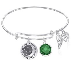 I Love You to the Moon and Back Expandable Wire Bangle Bracelet with May Charm and Angel Wing Charm GIFT BOXED