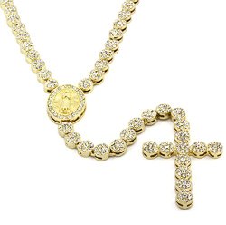 Iced Out 36″ Gold Rosary Cluster Simulated Diamond Chain Necklace Cross 14K Finish