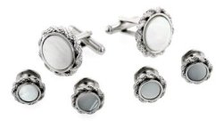 JJ Weston mother of pearl rope edge cufflinks and shirt studs formal set. Made in the U.S.A