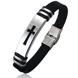 Jstyle Jewelry Men’s Stainless Steel Religious Black Rubber Cross Bracelet