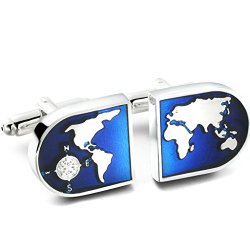 Jstyle Jewelry Men’s World Map Shirts Cufflinks, Wedding, Color Blue Silver, 1 Pair Set