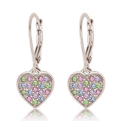 Kids Earrings – 925 Sterling Silver with a White Gold Tone Mixed Colored Crystal Heart Leverback Children’s Earrings Made with Swarovski Elements Kids, Children, Girls, Baby
