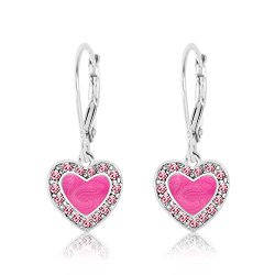Kids Earrings – 925 Sterling Silver with a White Gold Tone Pink Enamel Heart with Surrounding Crystals Leverback Earrings MADE WITH SWAROVSKI ELEMENTS Kids, Children, Girls, Baby